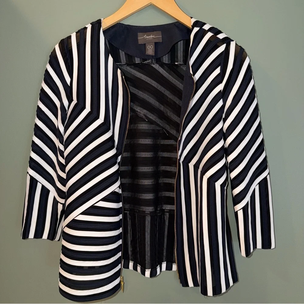 Chico’s Travelers Dottie Striped Mesh Zip Front Jacket 00 XS